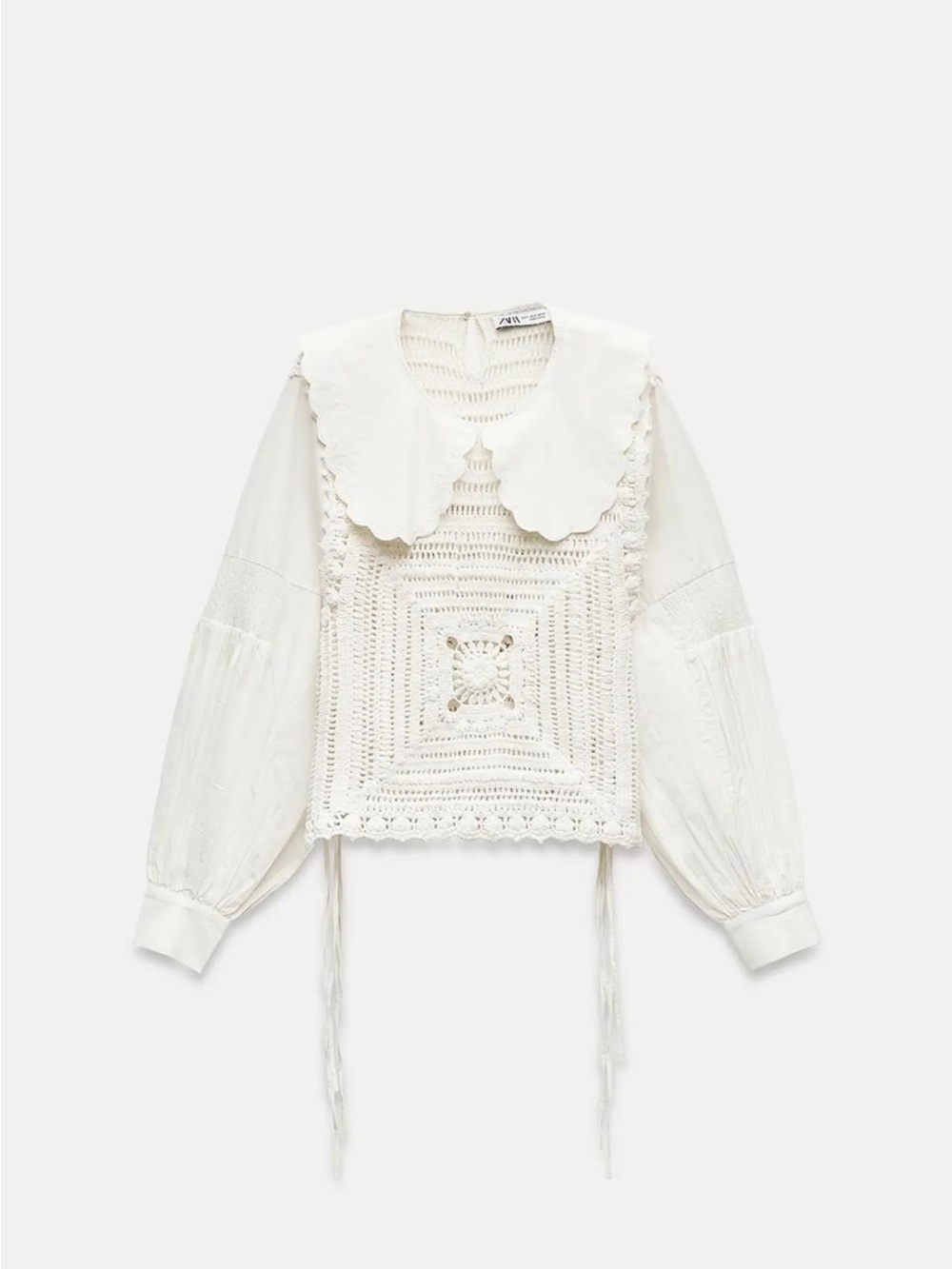 Zara Crochet Panel White Blouse with Peter Pan Collar